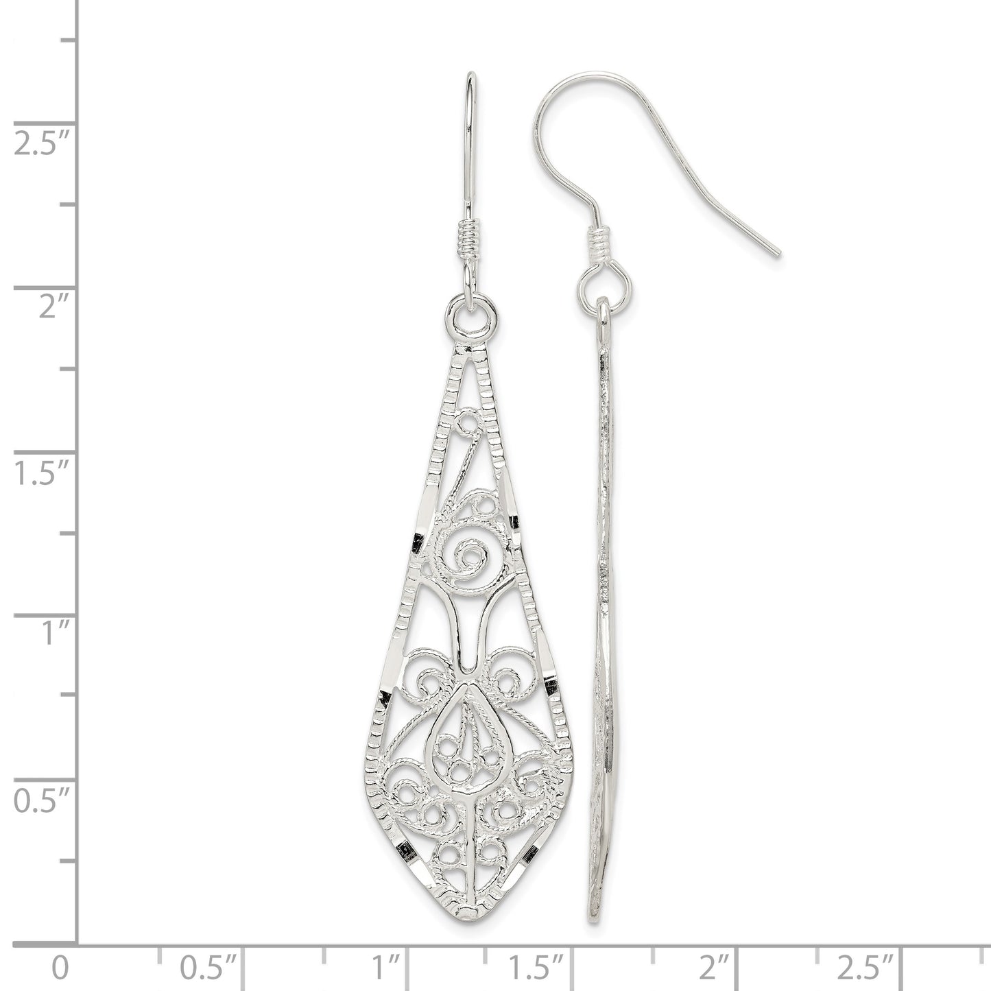 Sterling Silver Polished D/C Filigree Elongated Teardrop Dangle Earrings