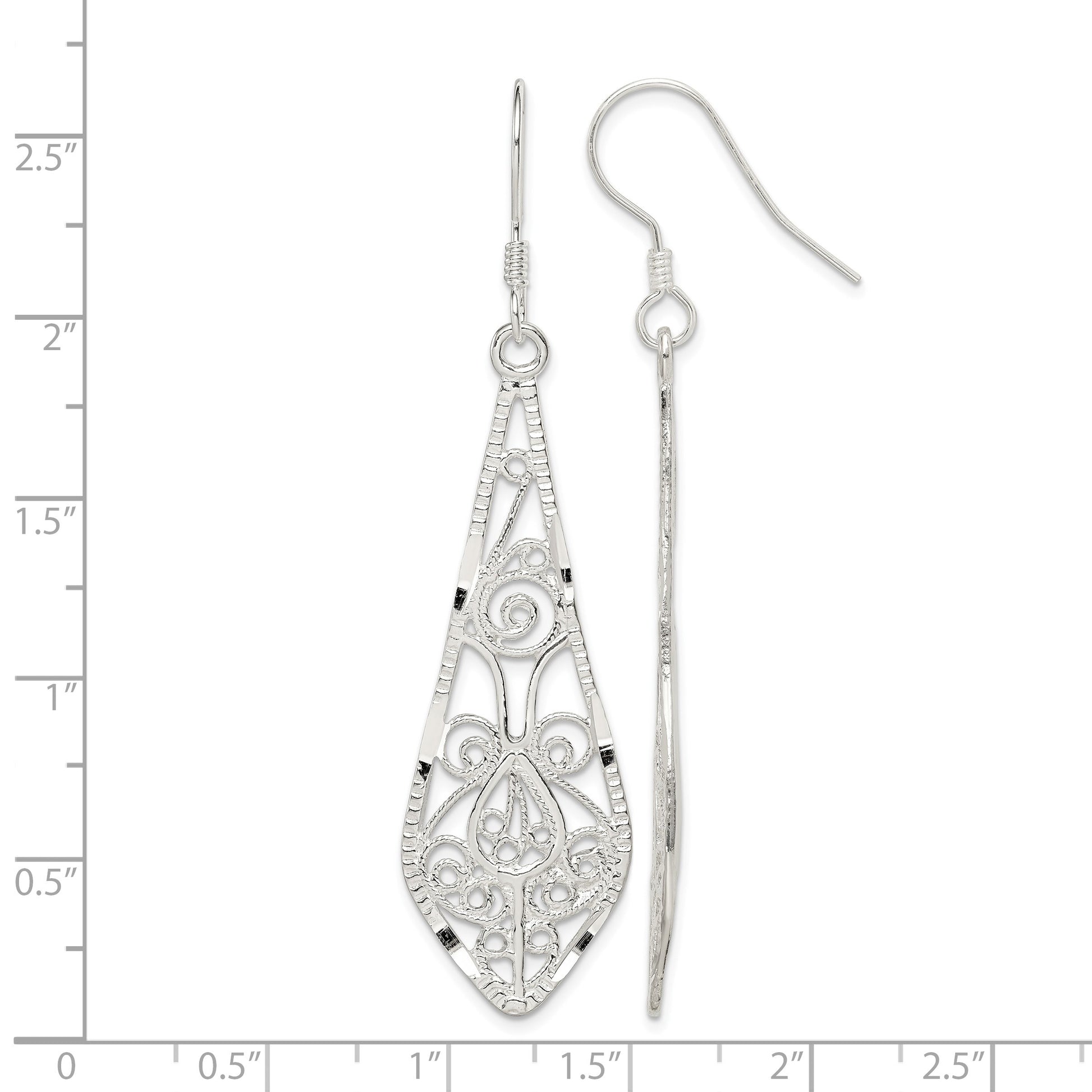 Sterling Silver Polished D/C Filigree Elongated Teardrop Dangle Earrings