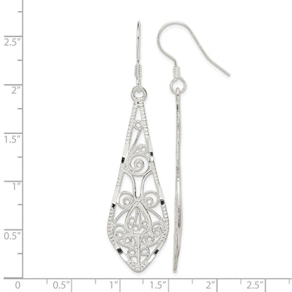 Sterling Silver Polished D/C Filigree Elongated Teardrop Dangle Earrings