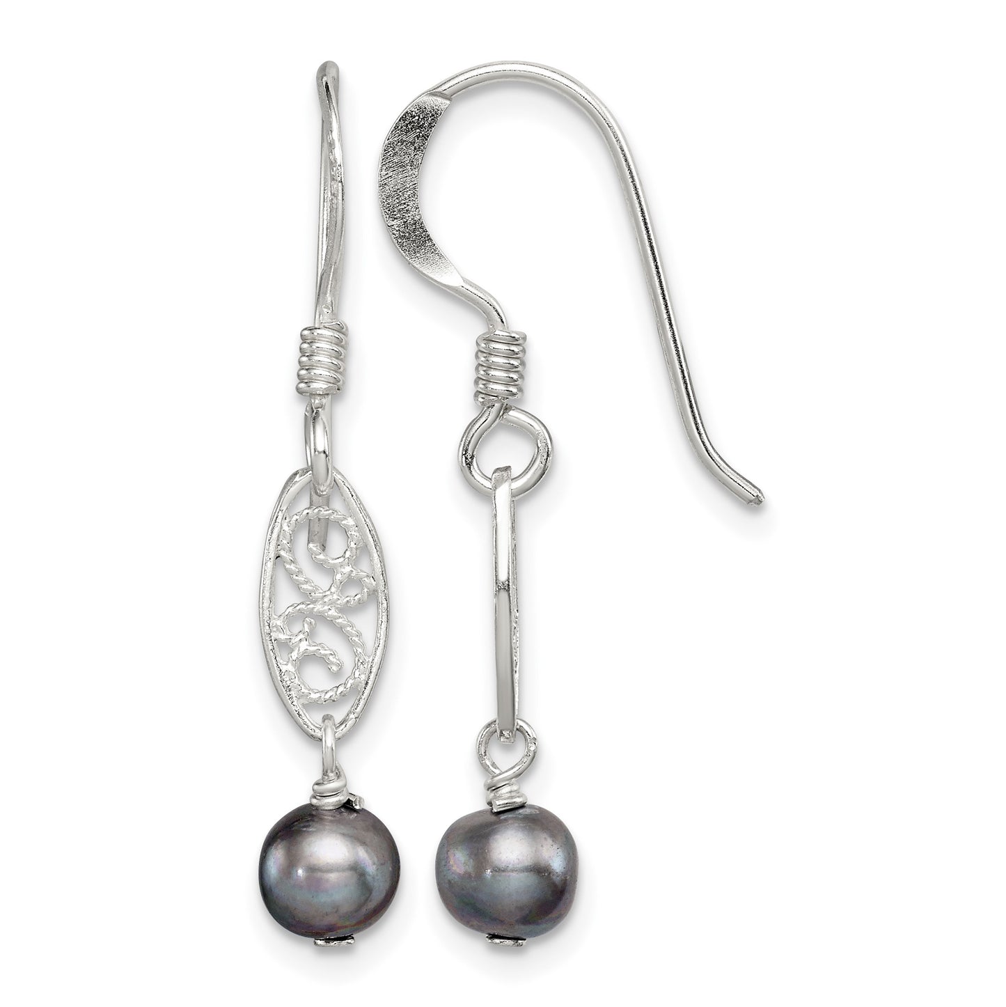 Sterling Silver Polished Filigree 5-6mm Grey Freshwater Cultured Pearl Dangle Earrings