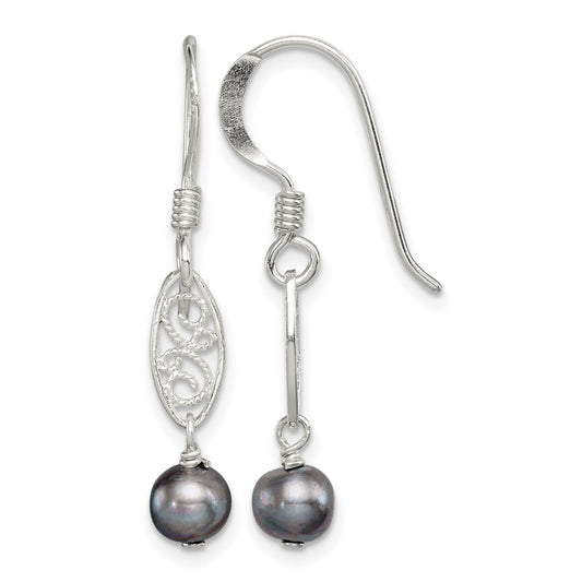 Sterling Silver Polished Filigree 5-6mm Grey Freshwater Cultured Pearl Dangle Earrings