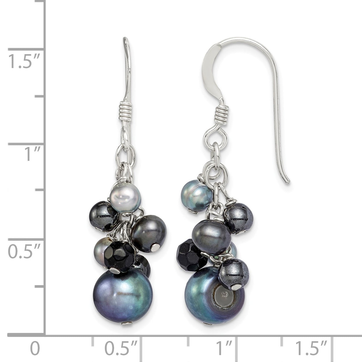 Sterling Silver Polished Black & Grey Freshwater Cultured Pearls and Onyx Dangle Earrings