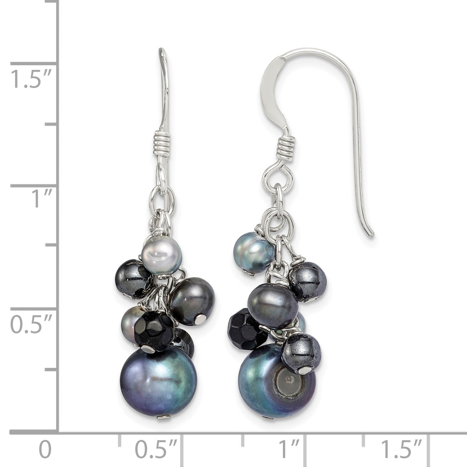 Sterling Silver Polished Black & Grey Freshwater Cultured Pearls and Onyx Dangle Earrings