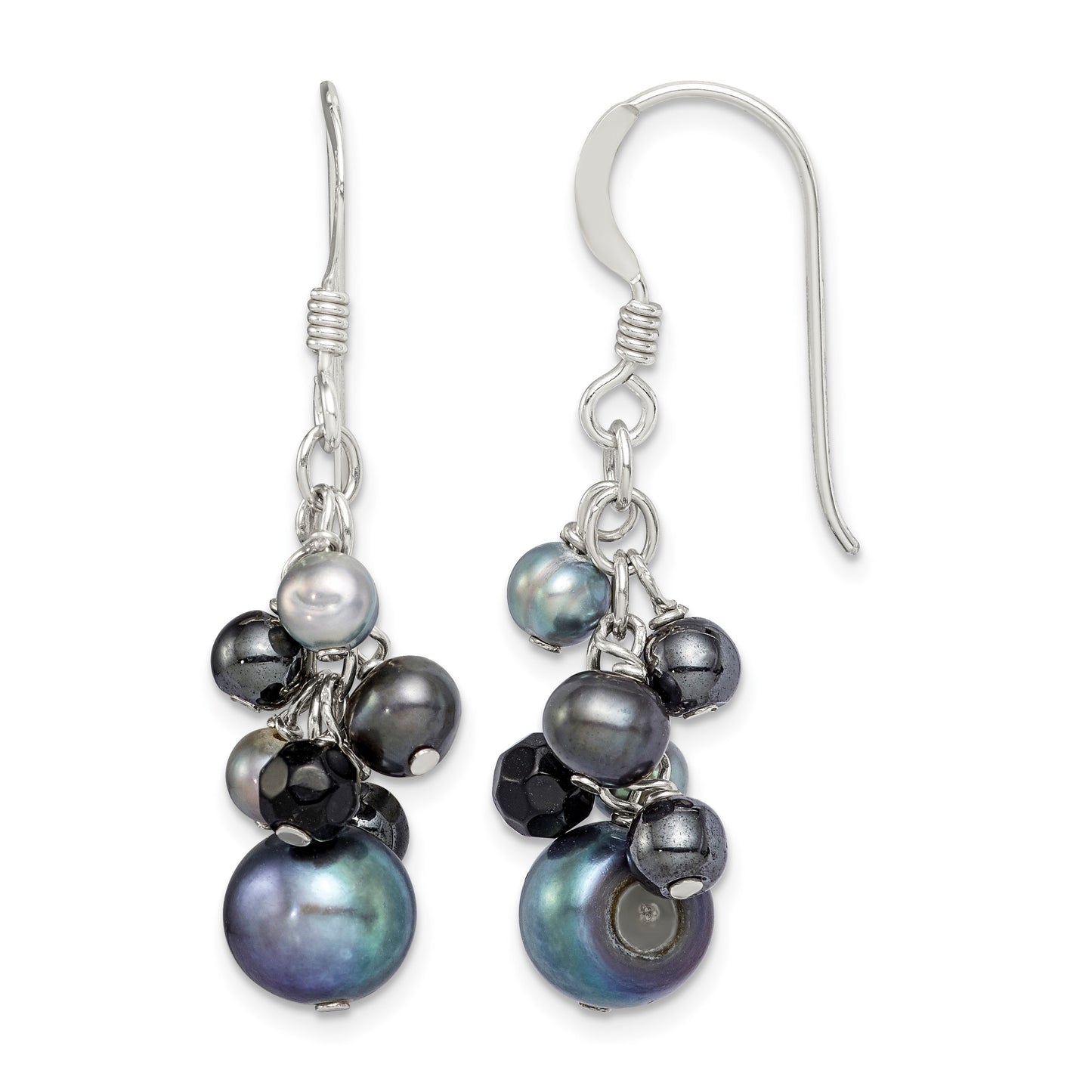 Sterling Silver Polished Black & Grey Freshwater Cultured Pearls and Onyx Dangle Earrings