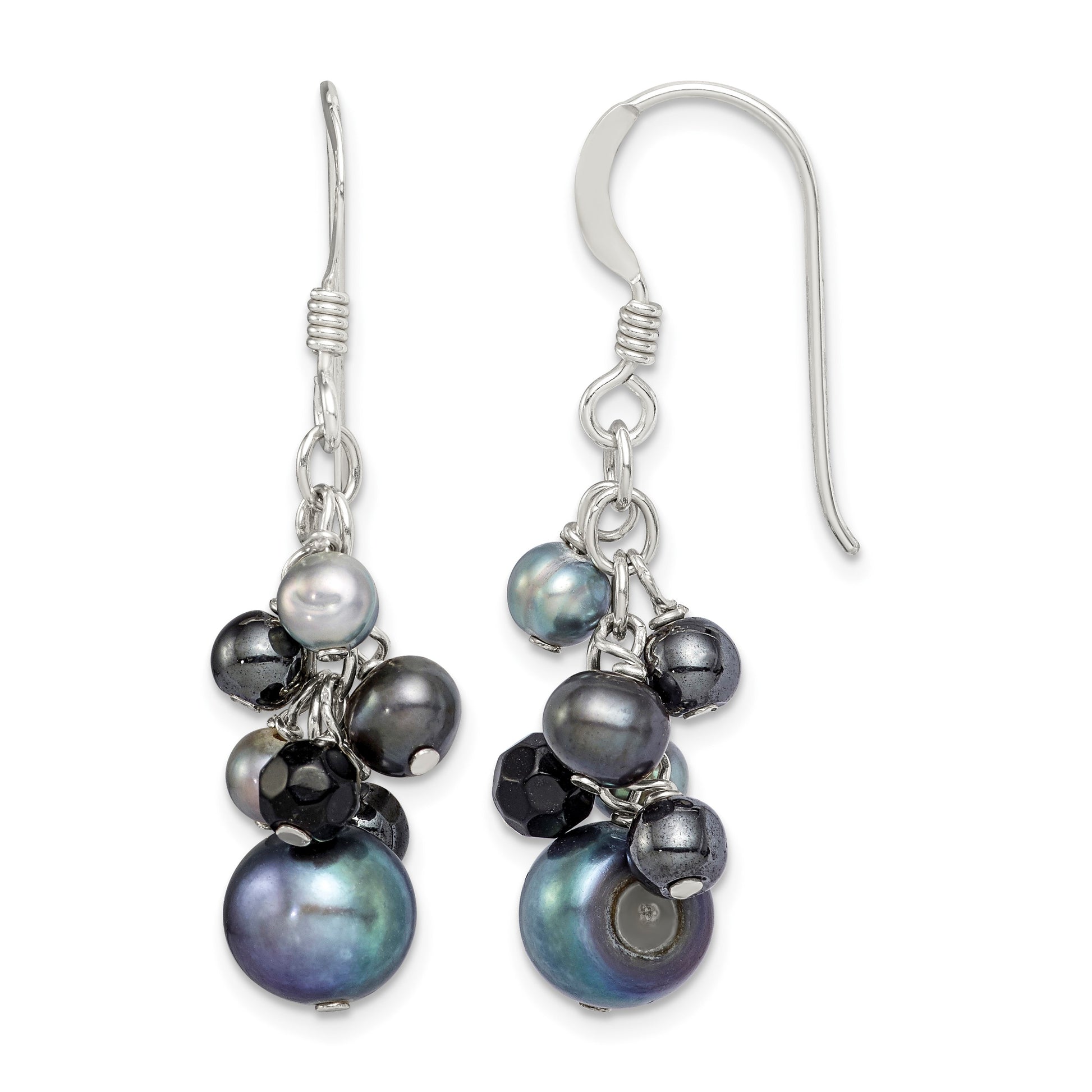 Sterling Silver Polished Black & Grey Freshwater Cultured Pearls and Onyx Dangle Earrings
