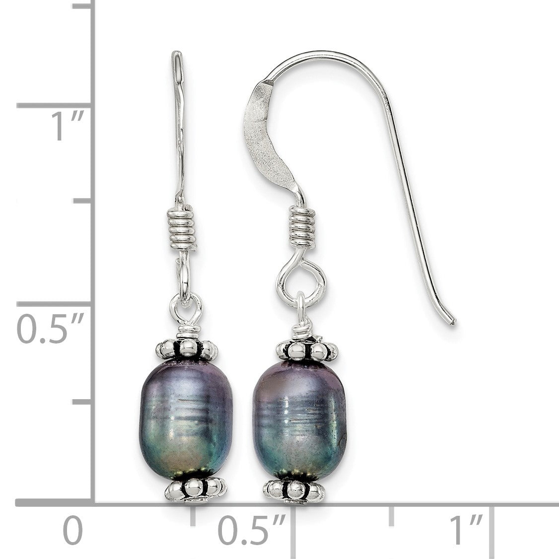 Sterling Silver Polished, Antiqued & Beaded 6-7mm Rice Black Freshwater Cultured Pearl Dangle Earrings