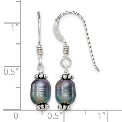 Sterling Silver Polished, Antiqued & Beaded 6-7mm Rice Black Freshwater Cultured Pearl Dangle Earrings