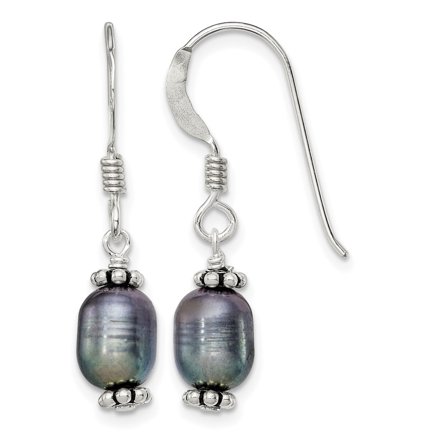 Sterling Silver Polished, Antiqued & Beaded 6-7mm Rice Black Freshwater Cultured Pearl Dangle Earrings