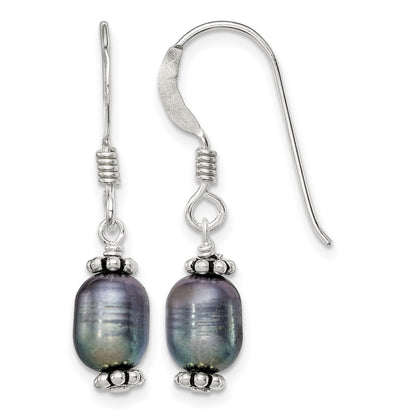 Sterling Silver Polished, Antiqued & Beaded 6-7mm Rice Black Freshwater Cultured Pearl Dangle Earrings