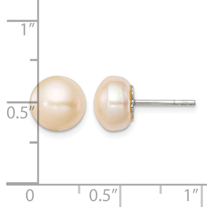 Sterling Silver Polished Peach 9-10mm Freshwater Cultured Pearl Button Post Earrings