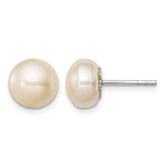 Sterling Silver Polished Peach 9-10mm Freshwater Cultured Pearl Button Post Earrings