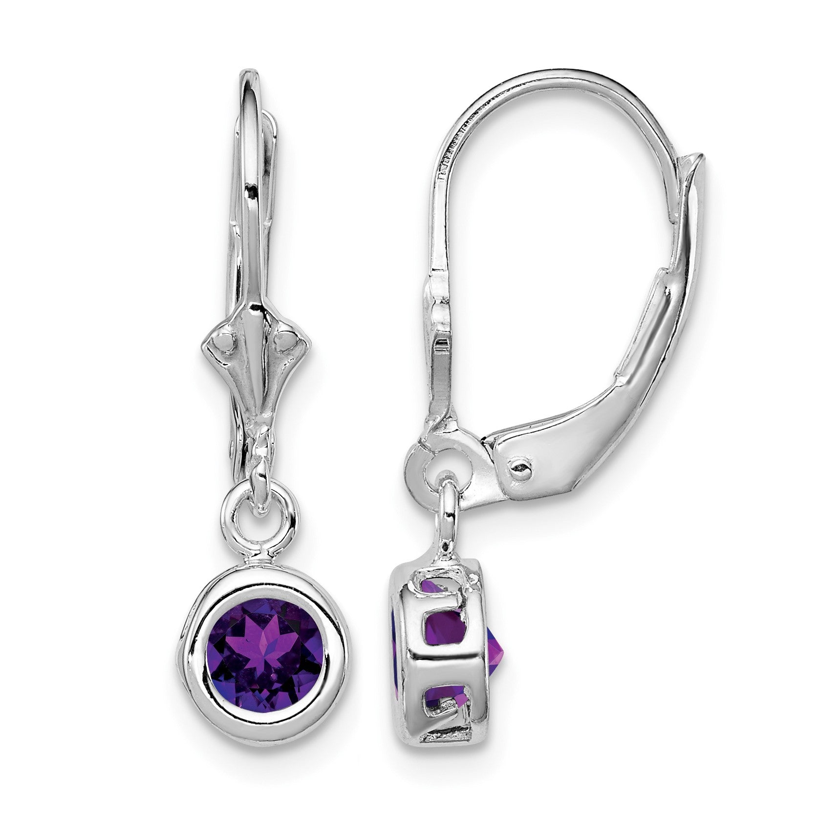 Sterling Silver Rhodium Plated 5mm Round Amethyst Leverback Earrings