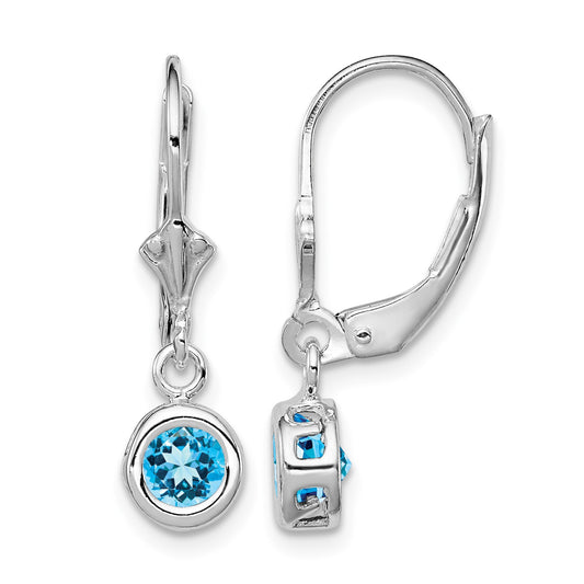 Sterling Silver Rhodium Plated 5mm Round Blue Topaz Leverback Earrings