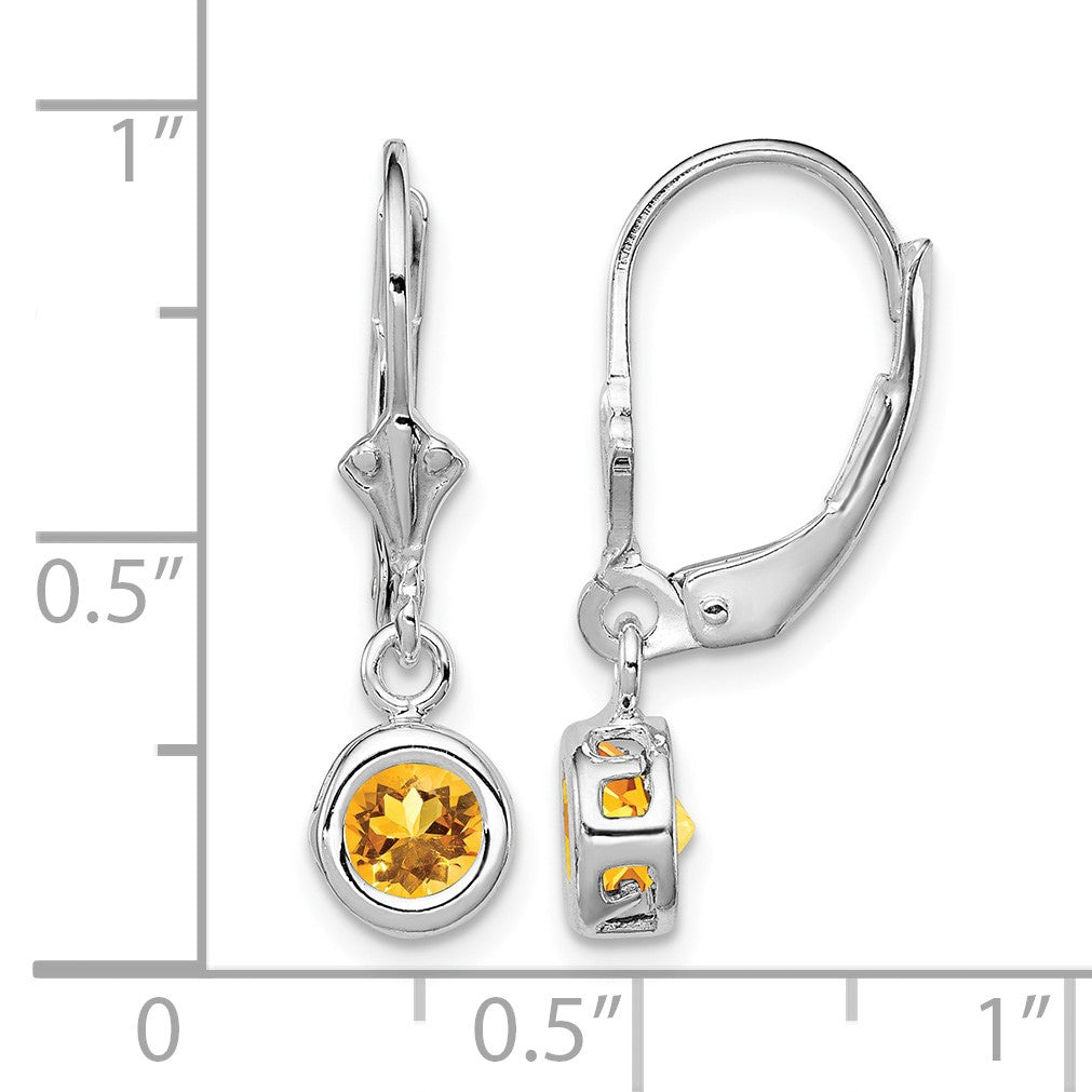 Sterling Silver Rhodium Plated 5mm Round Citrine Leverback Earrings