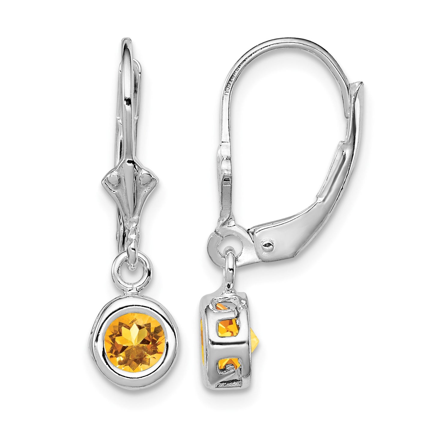 Sterling Silver Rhodium Plated 5mm Round Citrine Leverback Earrings