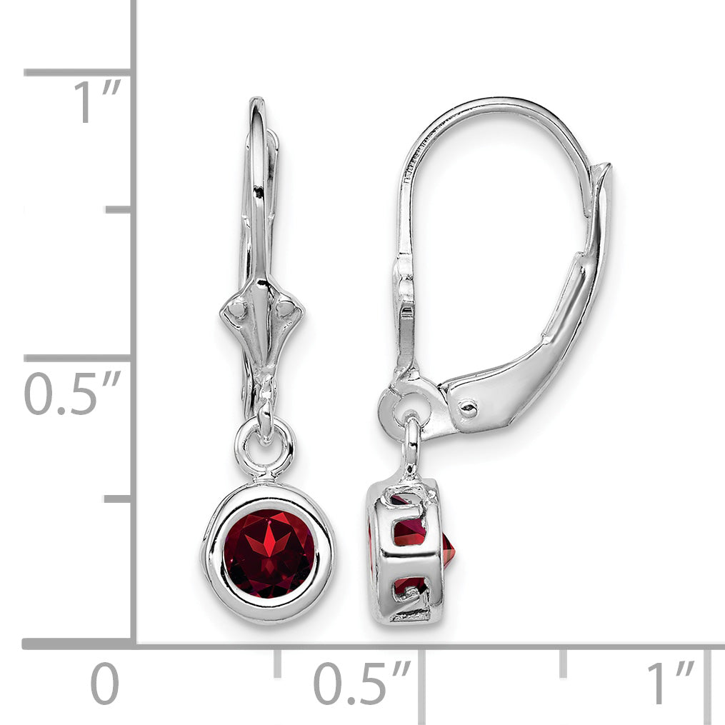 Sterling Silver Rhodium Plated 5mm Round Garnet Leverback Earrings