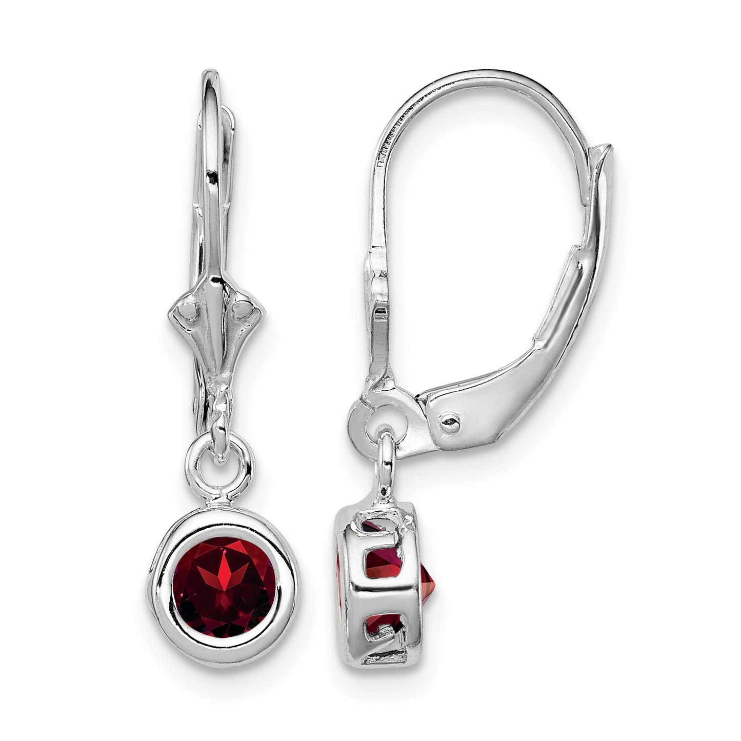 Sterling Silver Rhodium Plated 5mm Round Garnet Leverback Earrings