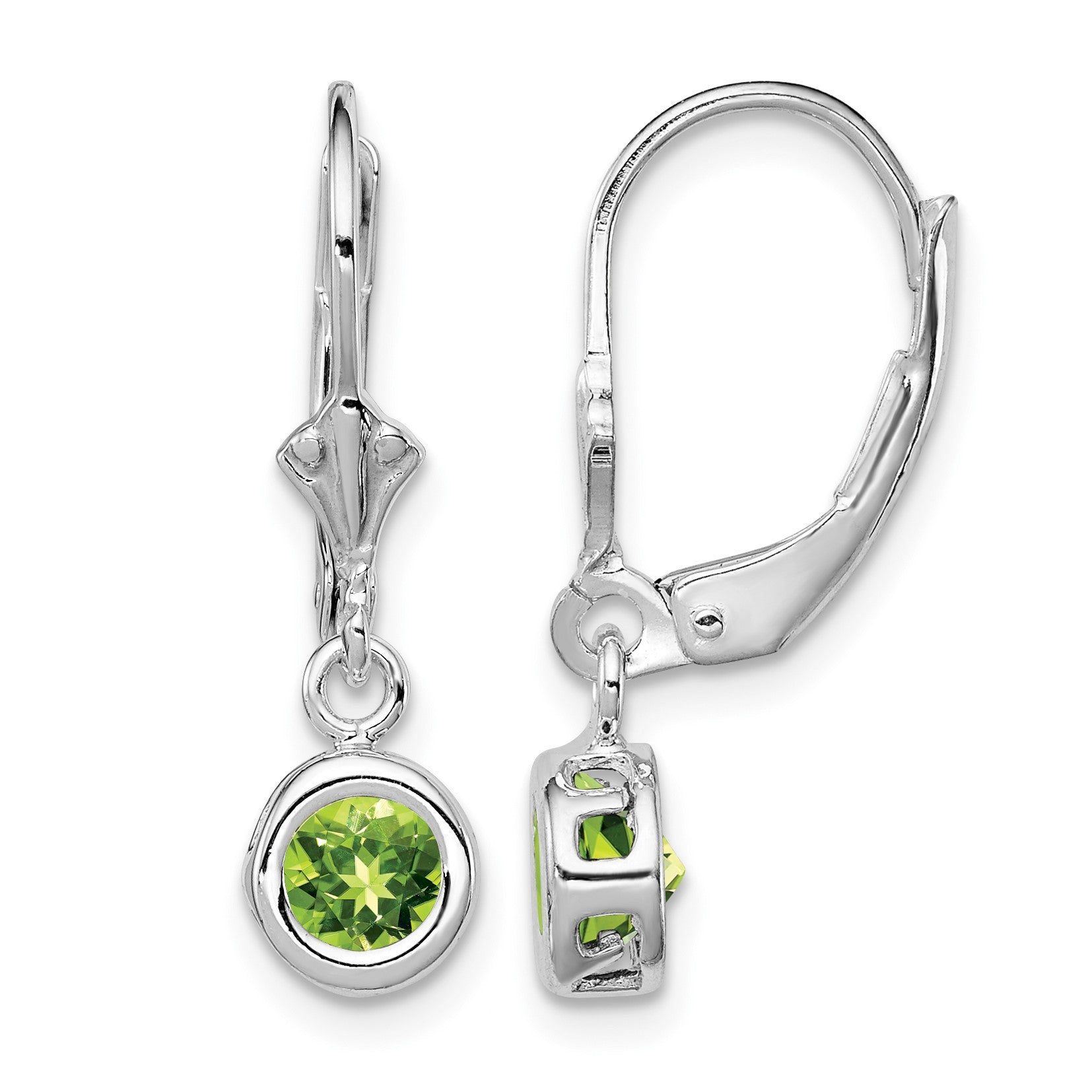 Sterling Silver Rhodium Plated 5mm Round Peridot Leverback Earrings