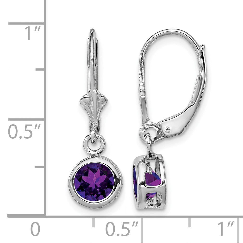 Sterling Silver Rhodium Plated 6mm Round Amethyst Leverback Earrings
