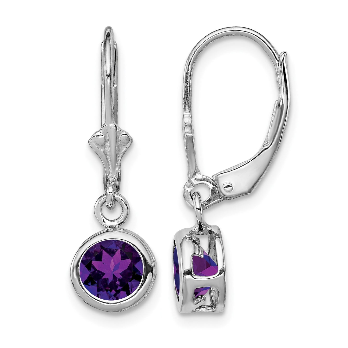 Sterling Silver Rhodium Plated 6mm Round Amethyst Leverback Earrings