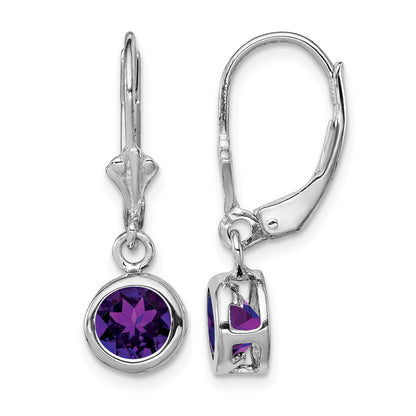 Sterling Silver Rhodium Plated 6mm Round Amethyst Leverback Earrings