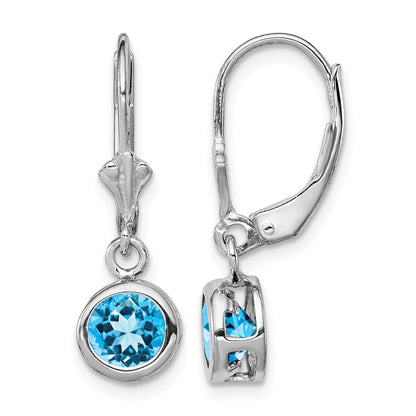 Sterling Silver Rhodium Plated 6mm Round Blue Topaz Leverback Earrings