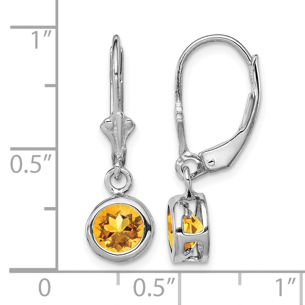 Sterling Silver Rhodium Plated 6mm Round Citrine Leverback Earrings