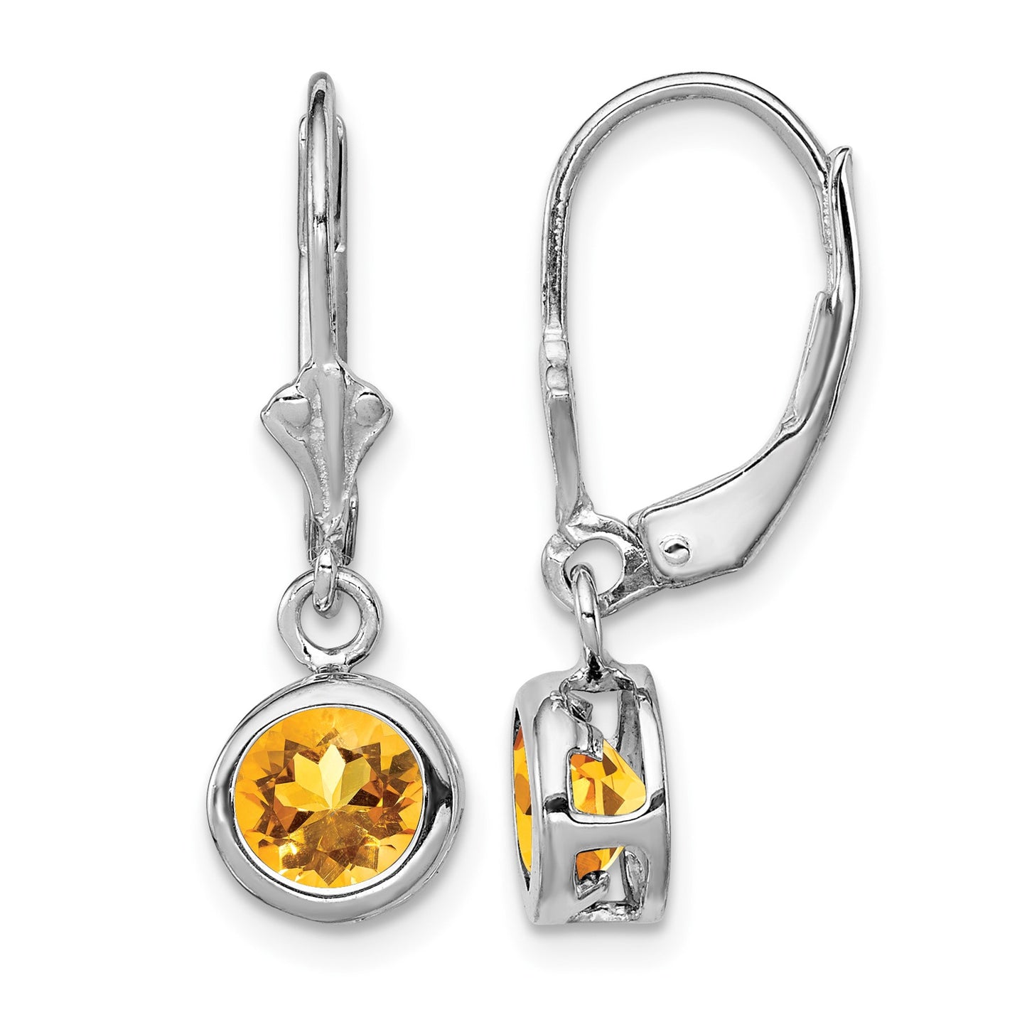Sterling Silver Rhodium Plated 6mm Round Citrine Leverback Earrings