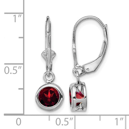 Sterling Silver Rhodium Plated 6mm Round Garnet Leverback Earrings
