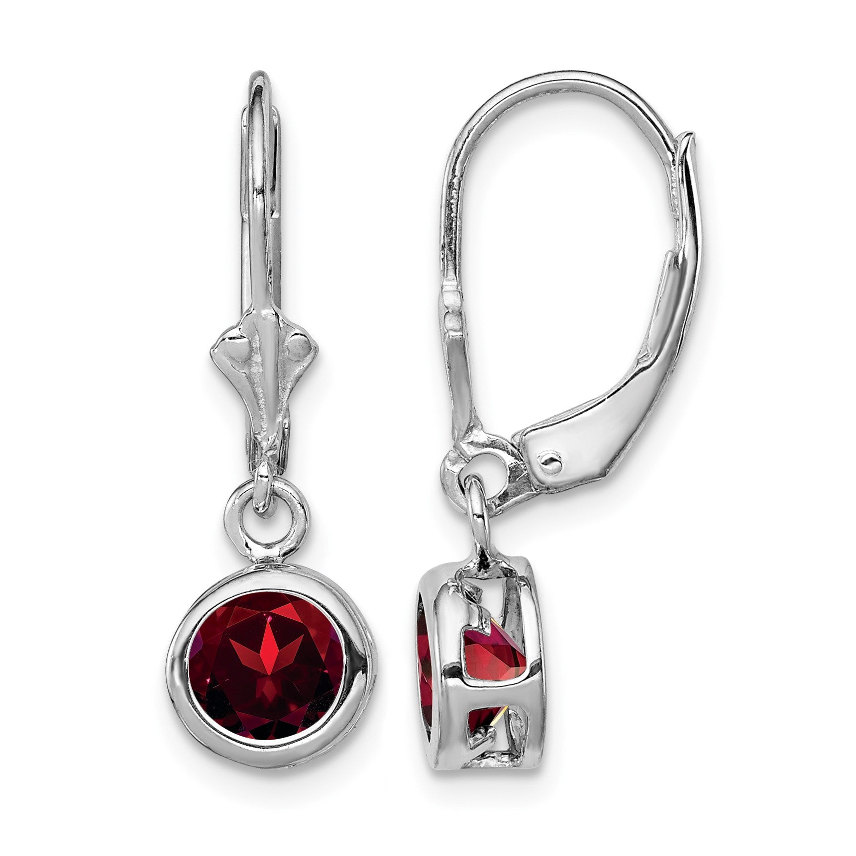 Sterling Silver Rhodium Plated 6mm Round Garnet Leverback Earrings