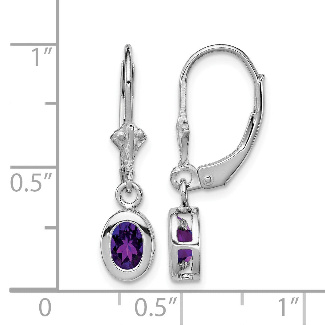 Sterling Silver Rhodium Plated 6x4mm Oval Amethyst Leverback Earrings