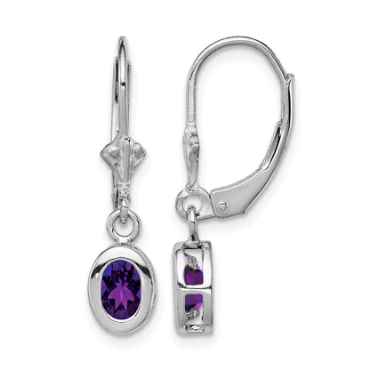 Sterling Silver Rhodium Plated 6x4mm Oval Amethyst Leverback Earrings