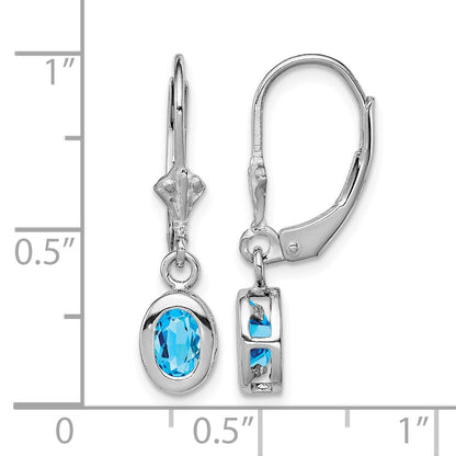 Sterling Silver Rhodium Plated 6x4mm Oval Blue Topaz Leverback Earrings