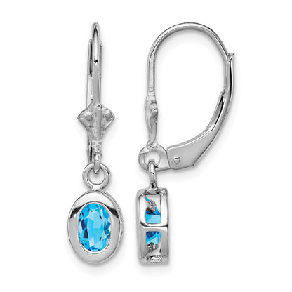 Sterling Silver Rhodium Plated 6x4mm Oval Blue Topaz Leverback Earrings