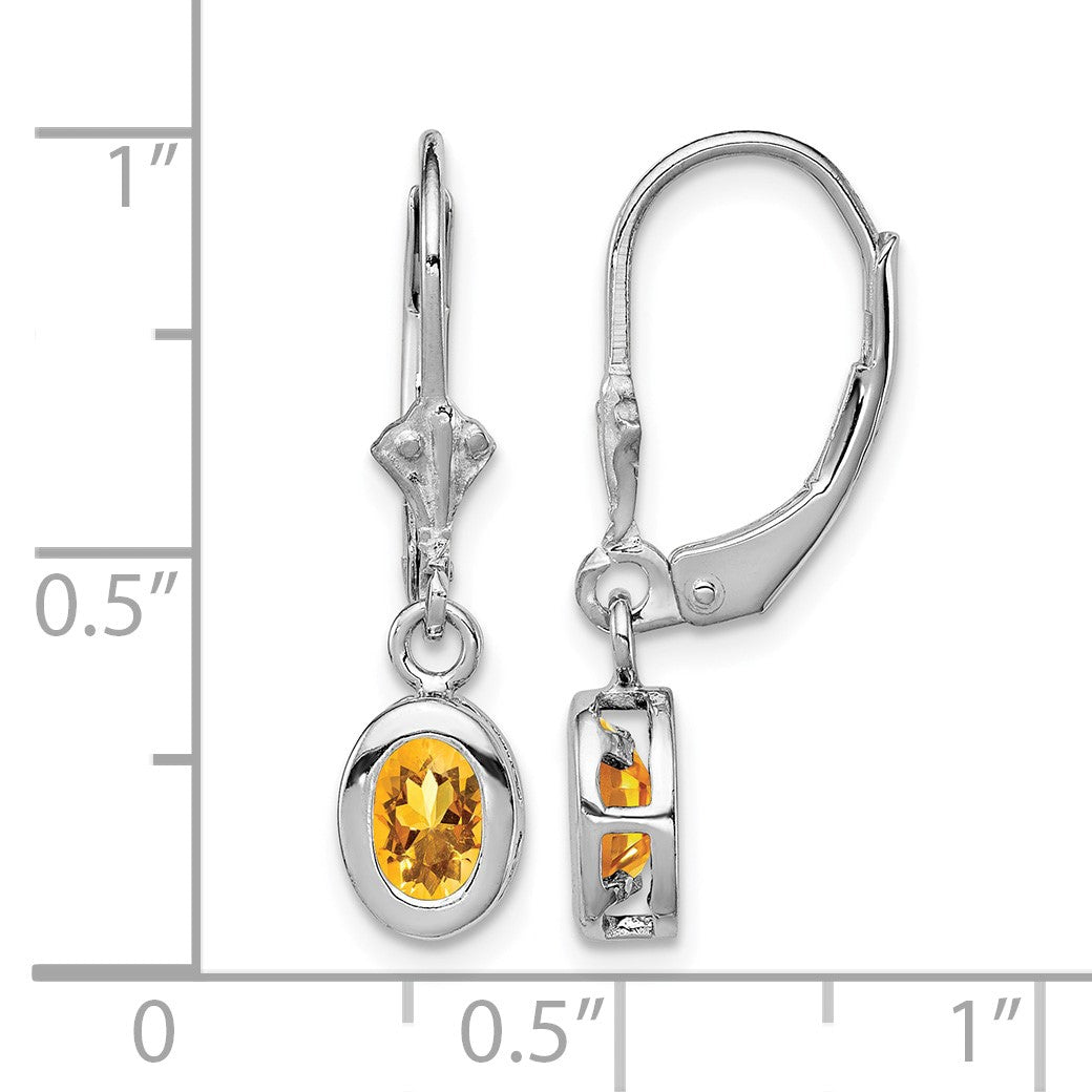 Sterling Silver Rhodium Plated 6x4mm Oval Citrine Leverback Earrings