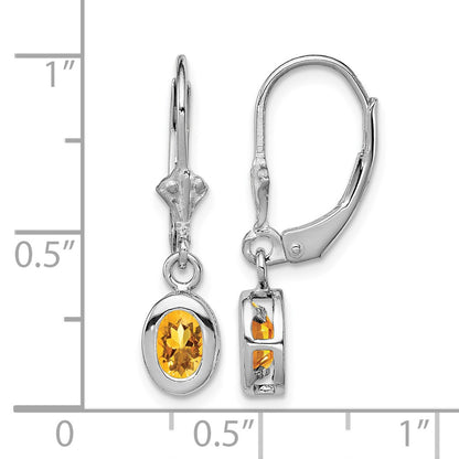 Sterling Silver Rhodium Plated 6x4mm Oval Citrine Leverback Earrings