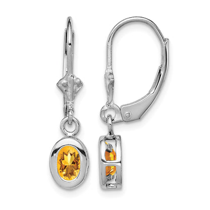 Sterling Silver Rhodium Plated 6x4mm Oval Citrine Leverback Earrings