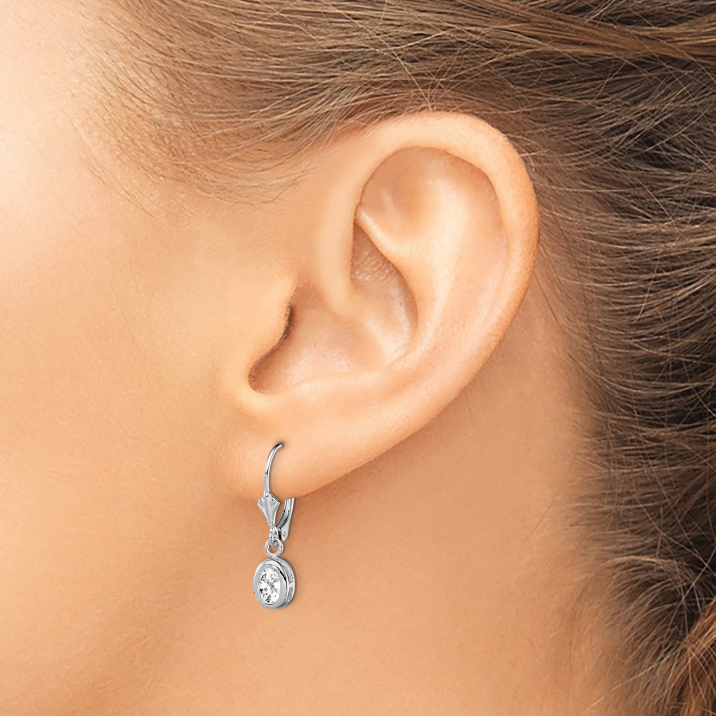 Sterling Silver Rhodium Plated 6x4mm Oval CZ Leverback Earrings