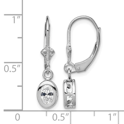Sterling Silver Rhodium Plated 6x4mm Oval CZ Leverback Earrings