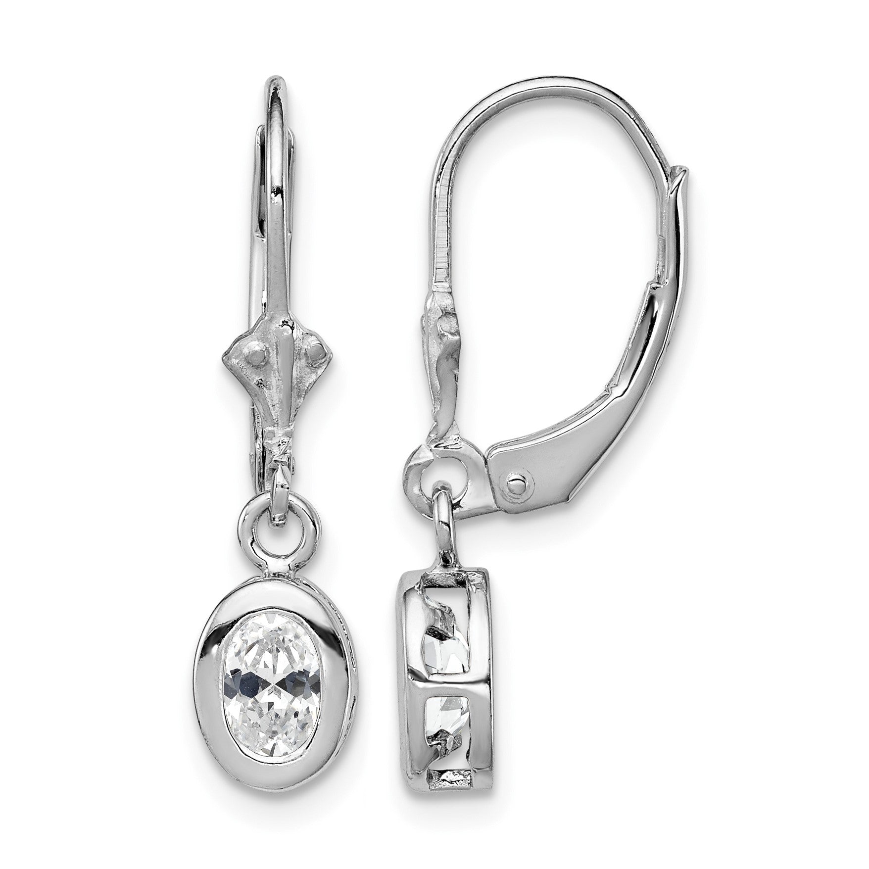 Sterling Silver Rhodium Plated 6x4mm Oval CZ Leverback Earrings