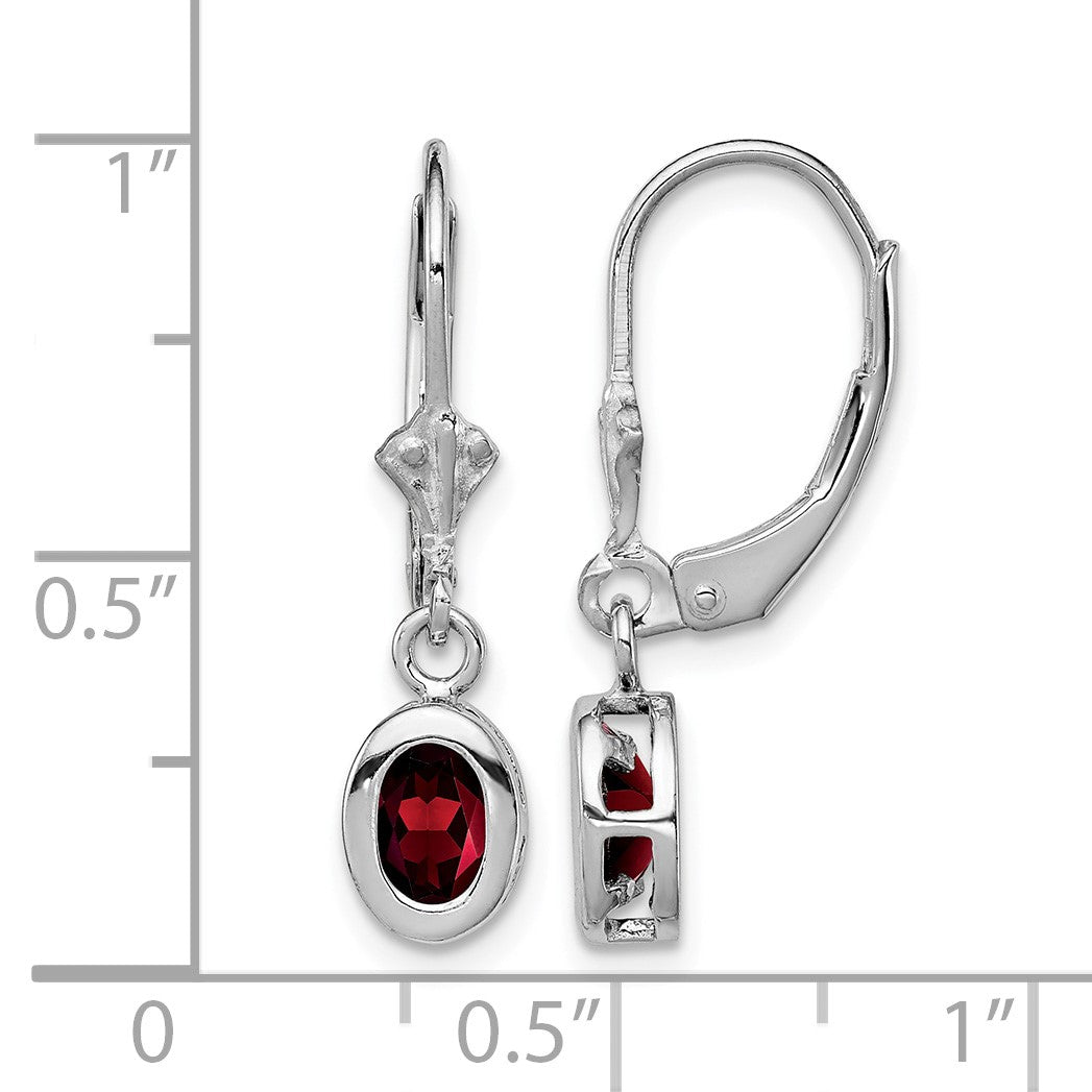 Sterling Silver Rhodium 6x4mm Oval Garnet Leverback Earrings