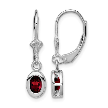 Sterling Silver Rhodium 6x4mm Oval Garnet Leverback Earrings