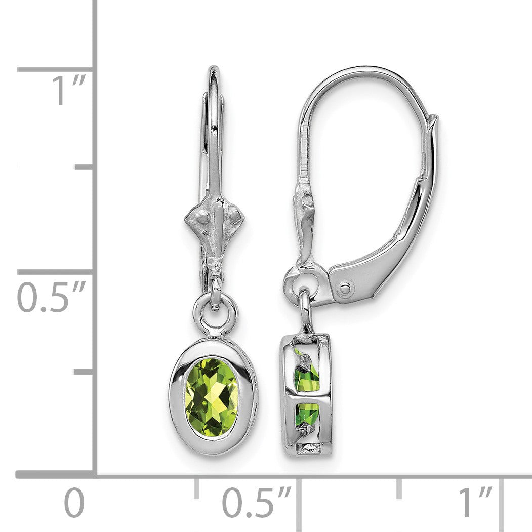 Sterling Silver Rhodium Plated 6x4mm Oval Peridot Leverback Earrings