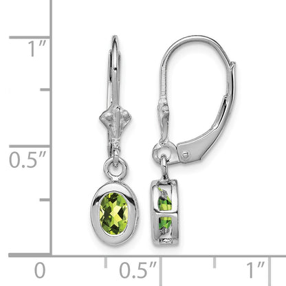 Sterling Silver Rhodium Plated 6x4mm Oval Peridot Leverback Earrings