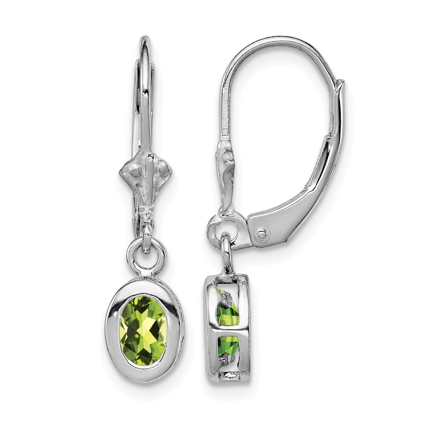 Sterling Silver Rhodium Plated 6x4mm Oval Peridot Leverback Earrings