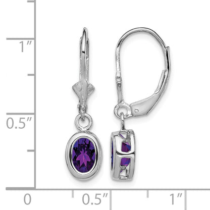 Sterling Silver Rhodium Plated 7x5mm Oval Amethyst Leverback Earrings