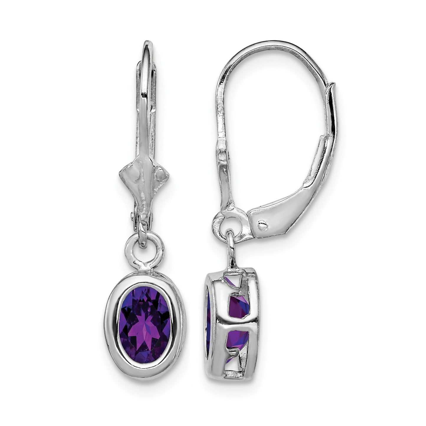 Sterling Silver Rhodium Plated 7x5mm Oval Amethyst Leverback Earrings