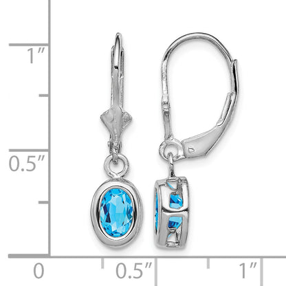 Sterling Silver Rhodium Plated 7x5mm Oval Blue Topaz Leverback Earrings
