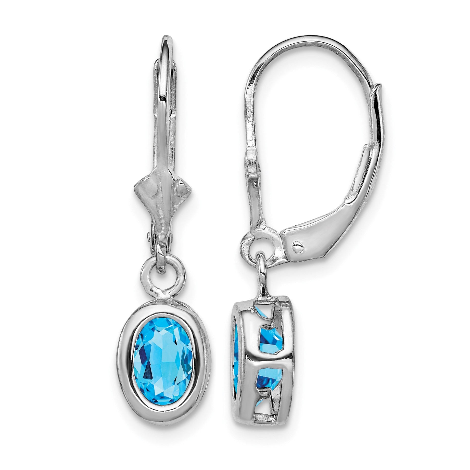 Sterling Silver Rhodium Plated 7x5mm Oval Blue Topaz Leverback Earrings