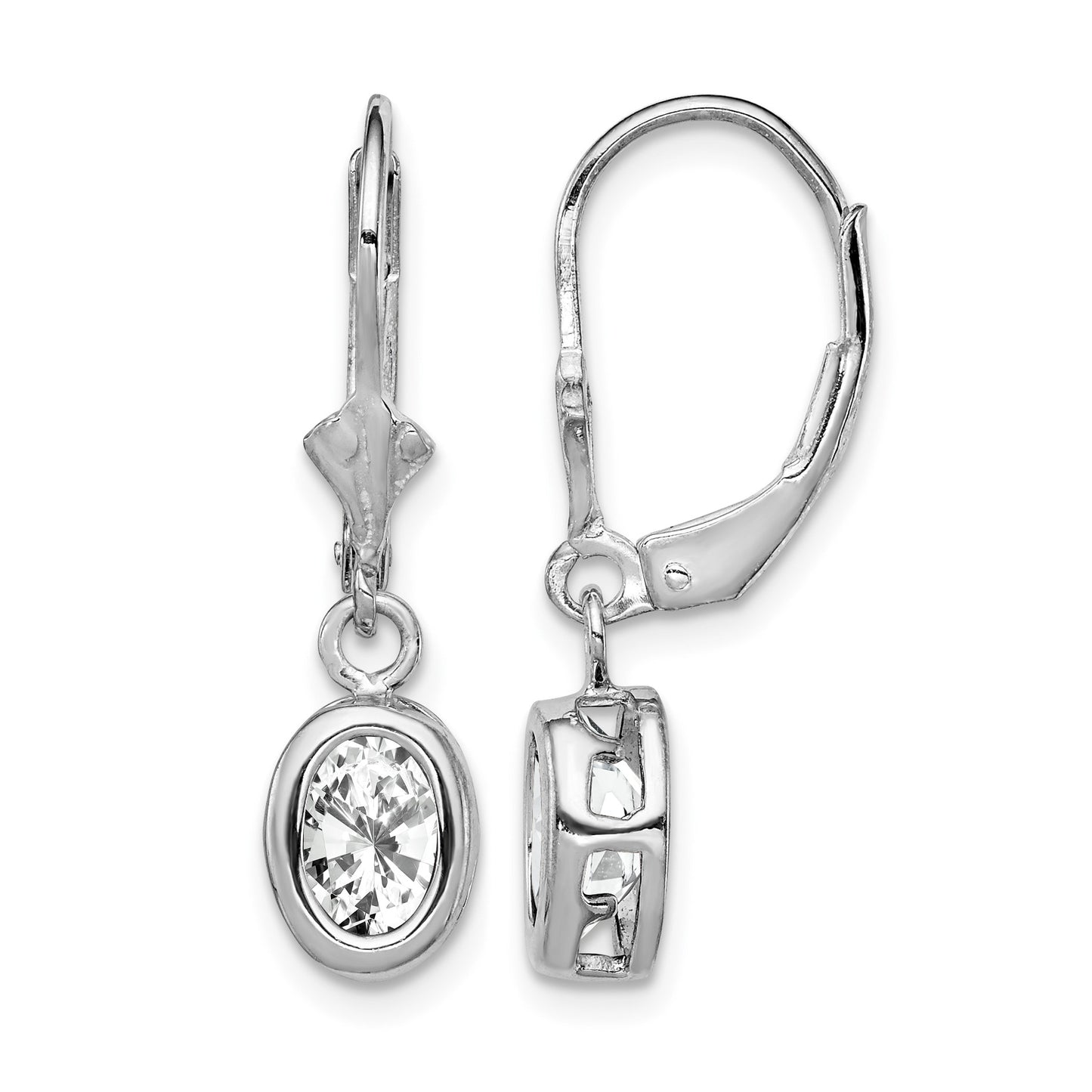 Sterling Silver Rhodium Plated 7x5mm Oval CZ Leverback Earrings